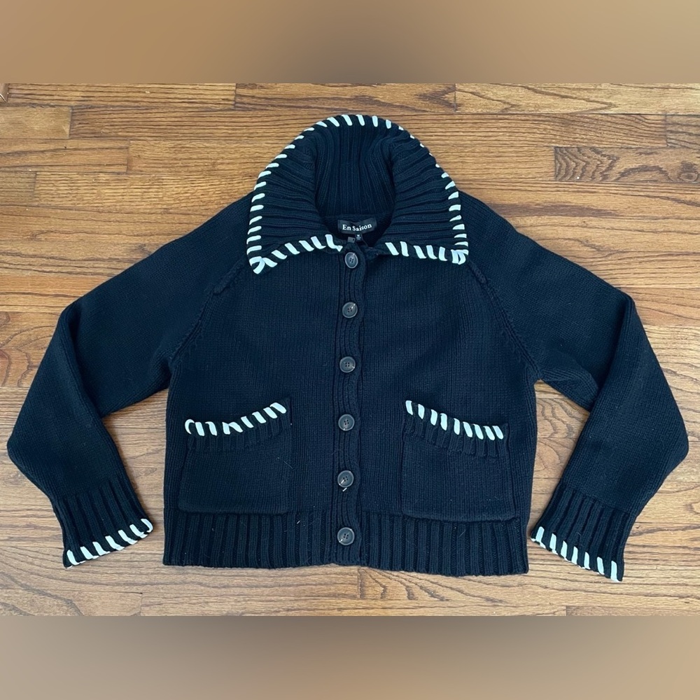 En Saison Piper Whipstitch Black & White Cardigan Sweater Women’s Medium NEW - Picture 8 of 14